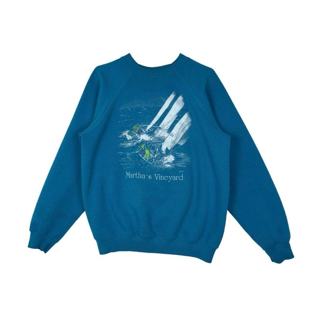 Vintage 1980s Teal Blue Martha’s Vineyard Sailboat Graphic Sweatshirt Unisex M